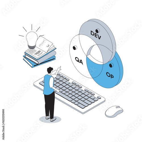DevOps 3d isometric concept with isometry people design for web. Administrator working in agile coding operation practice, project communication, products development cycle. Vector illustration