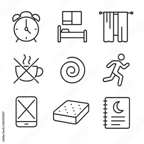 Sleep Hygiene Icons. Outline icon set of prevention tips: regular sleep schedule clock, calm bedroom outline, blackout curtain,