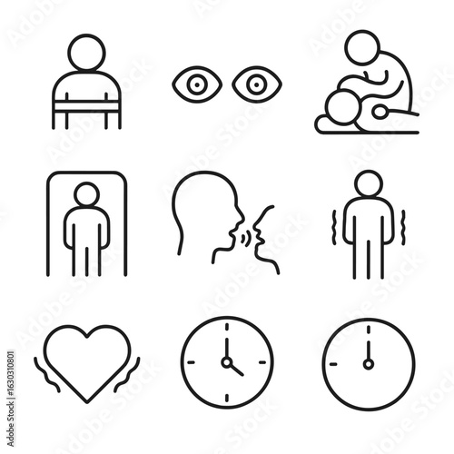 Sleep Paralysis Icons. Outline icon set of sleep paralysis experience: bound body silhouette, wide-open eyes, chest pressure icon,