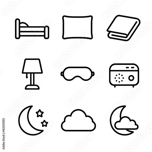 Sleep Icons Set. Outline icon set of quiet sleep: bed, pillow, blanket, night lamp, sleep mask, sound machine, moon, stars, dream