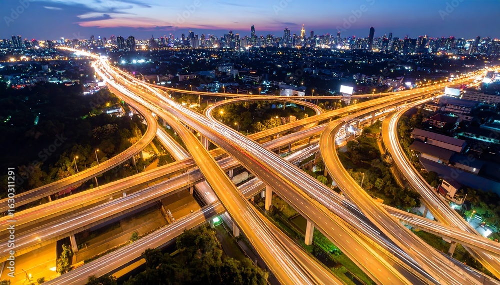 Fototapeta premium Complex Highway Interchange at Night with Cityscape Silhouette in the Distance