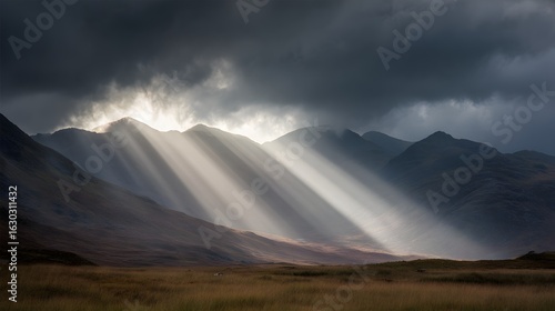 Distant mountain peaks under dramatic sky