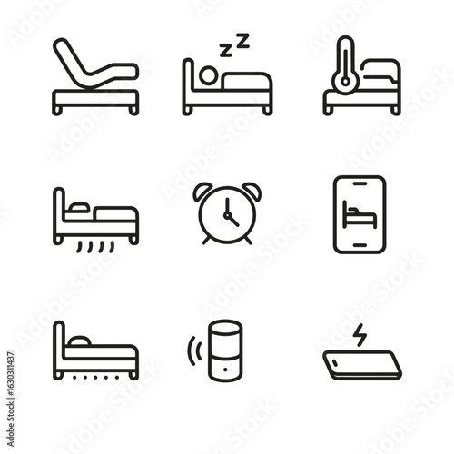 Smart Bed Icon Set. Outline icon set of smart bed features: adjustable base, sleep monitoring, temperature control, massage