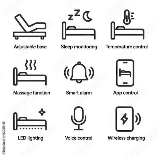 Smart Bed Icon Set. Outline icon set of smart bed features: adjustable base, sleep monitoring, temperature control, massage