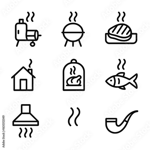 Smoke & Cooking Icons. Outline icon set of smoke and cooking: smoker grill, BBQ with smoke, smoking meat, smoked fish, smokehouse,