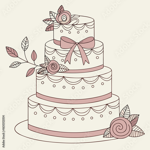 Vector seamless pattern of wedding cake decor: fondant flowers, sugar pearls, gold foil, silk ribbon bows, gentle leaves and lace textures. Subtle and soft style, perfect for wrapping paper or wedding