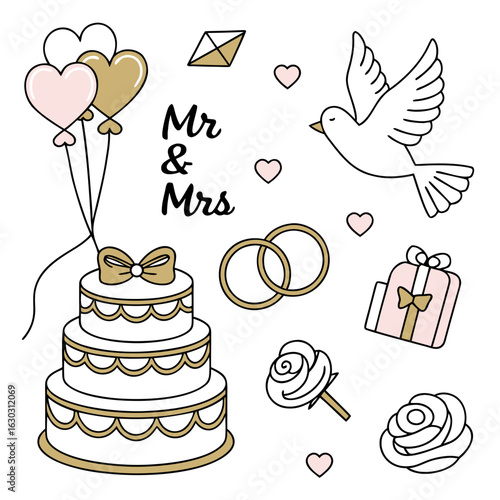 Flat vector collection of cake toppers and wedding cake accents: “Mr & Mrs” signs, heart-shaped toppers, doves, rings, bows, sugar roses. Elegant, minimal, clean outlines with gold and blush accents.
