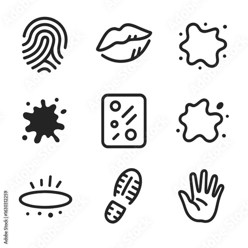 Smudge Effect Icons Set. Outline icon set of smudge effects: fingerprint smudge, lipstick mark, paint smear, ink blot, dirty glass