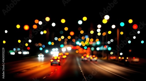Fototapeta Naklejka Na Ścianę i Meble -  Blurred city street at night with colorful bokeh lights creating a vibrant atmosphere