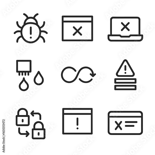 Software Failure Icons. Outline icon set of failure in software: bug, exception, crash, memory leak, infinite loop, stack overflow