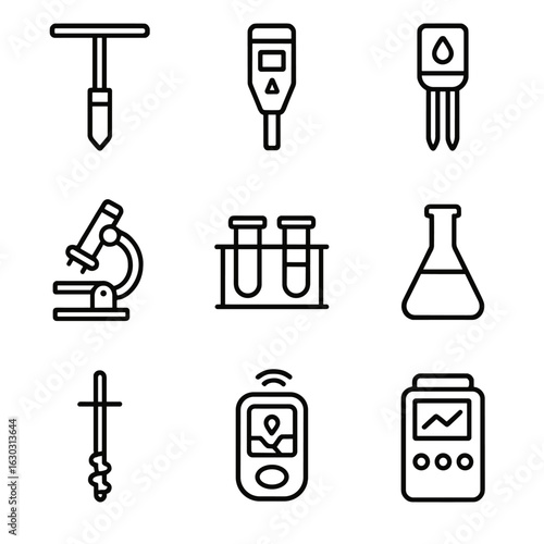 Soil Testing Icon Set. Outline icon set of soil testing tools: soil sampler, pH meter, moisture sensor, microscope, test tubes,