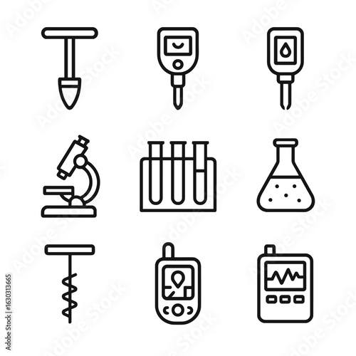 Soil Testing Icon Set. Outline icon set of soil testing tools: soil sampler, pH meter, moisture sensor, microscope, test tubes,