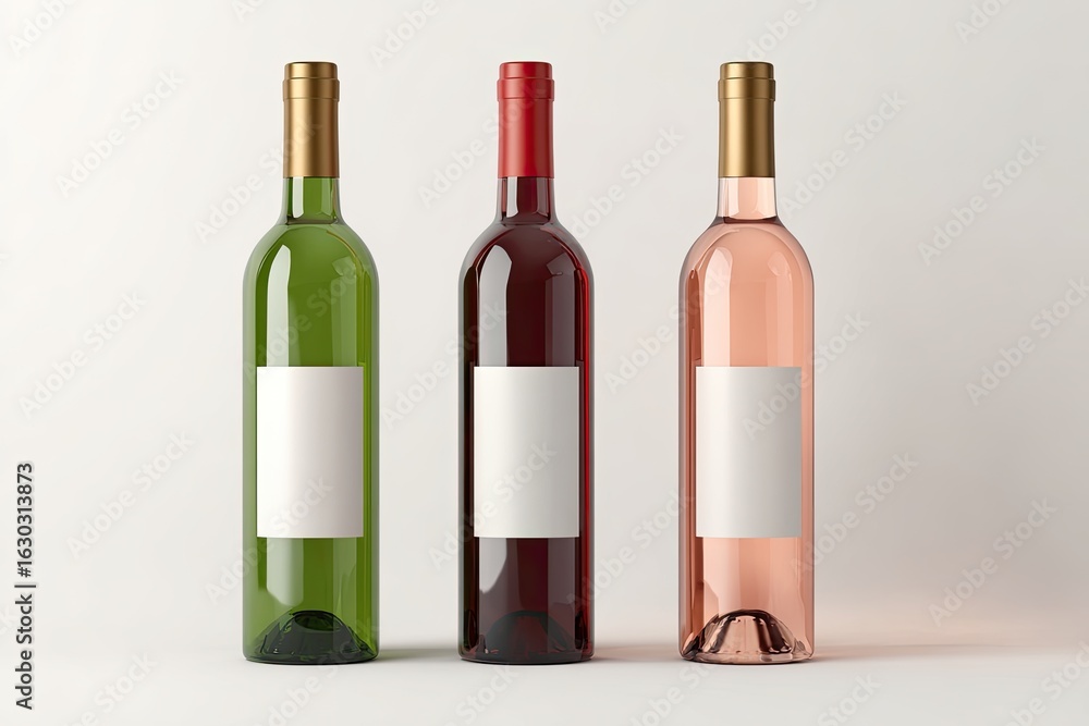 Three wine bottles, green, red, and ros?, with blank labels, on a white background Three wine bottles, green, red, and ros?, with blank labels, on a white background