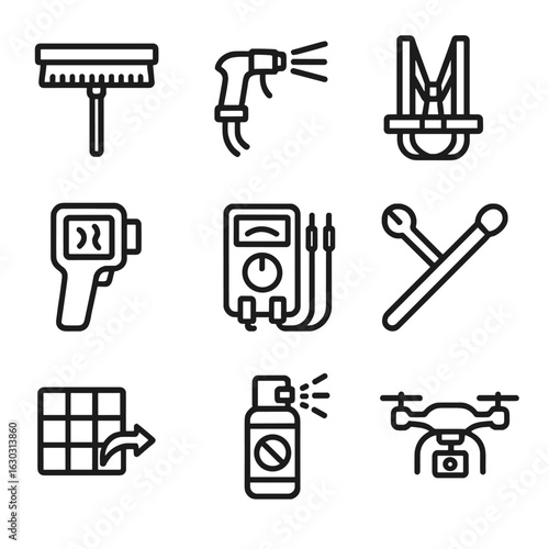 Solar Maintenance Tools Icons. Outline icon set of solar panel maintenance tools: cleaning brush, water spray nozzle, safety