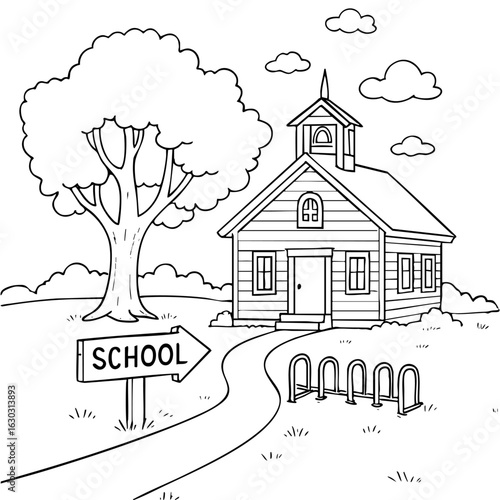 Coloring page of a countryside schoolhouse with a wooden sign, bicycle rack, and tall oak tree in the yard – simple outline