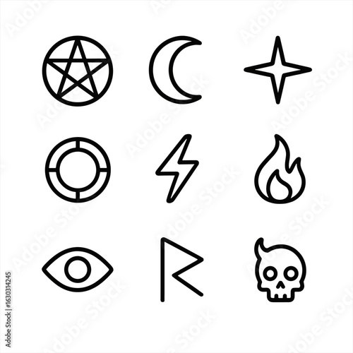 Sorcery and Familiars Icons. Outline icon set of sorcerer symbols: pentagram, crescent moon, star, magic circle, lightning bolt,