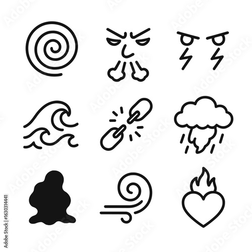 Soul Storm Icon Set. Outline icon set of soul storms: chaotic spiral, stormy face, lightning eyes, turbulent waves, broken chains,