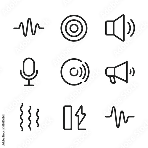 Sound Wave Icons. Outline icon set of echo and sound waves: sound wave, echo ripple, speaker, microphone, sonar, megaphone,