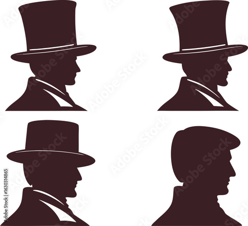 Silhouettes of men in top hats and one in a bowler hat