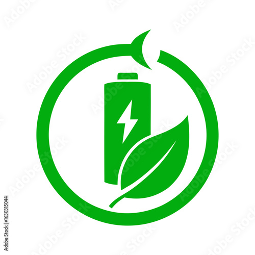 Battery charging icon placed inside leaf circle for clean energy vector concepts