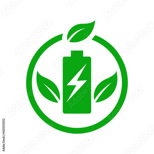 Eco battery charging symbol placed inside leaf for green tech and energy icons