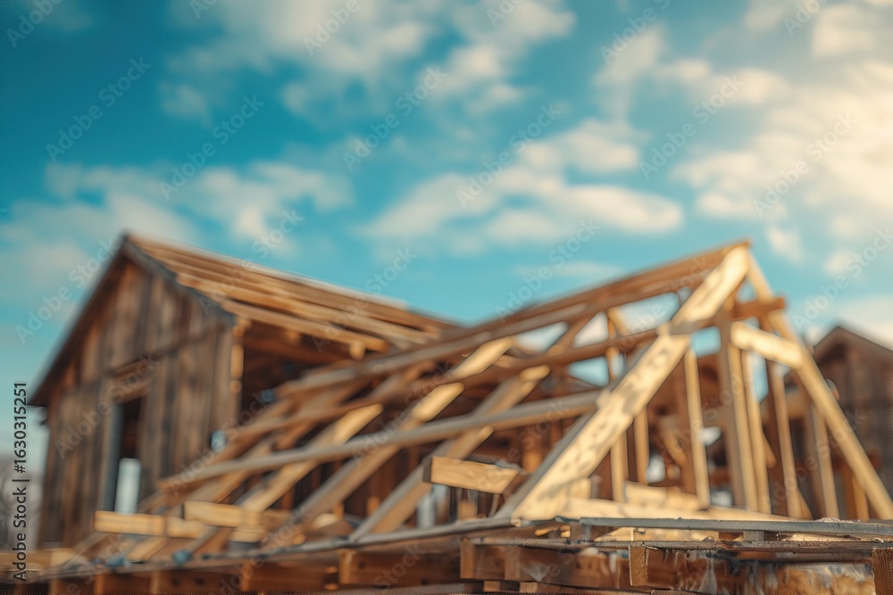 Obraz premium Blurred view of wooden framework of house being built on sunny day, set against clear blue sky. Suitable for architectural projects, building materials and construction marketing