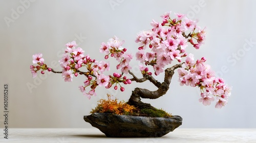 Bonsai cherry tree in bloom with pink flowers