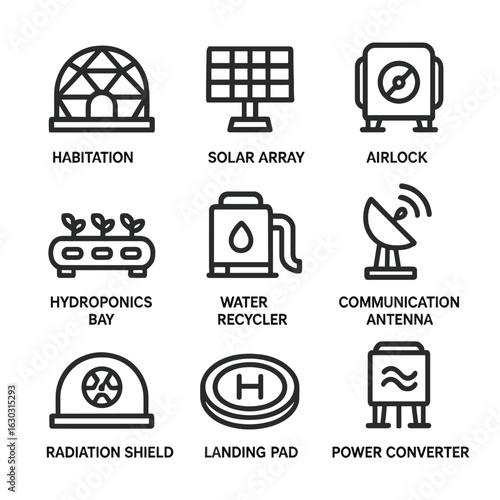 Space Colony Icons. Outline icon set of space colony habitat: habitation dome, solar array, airlock module, hydroponics bay, water