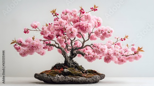 Bonsai cherry tree in bloom with pink flowers