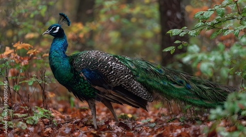 A wild peacock walking through the forest