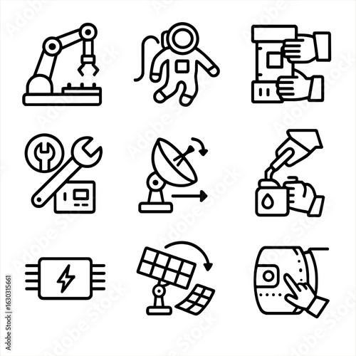 Space Maintenance Icons. Outline icon set of maintenance operations: robotic arm operation, spacewalk EVA, module replacement,