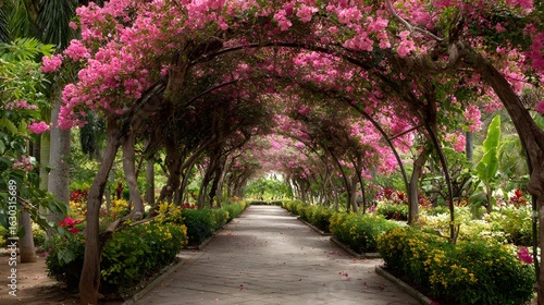 Arched trellis walkway covered in pink flowers