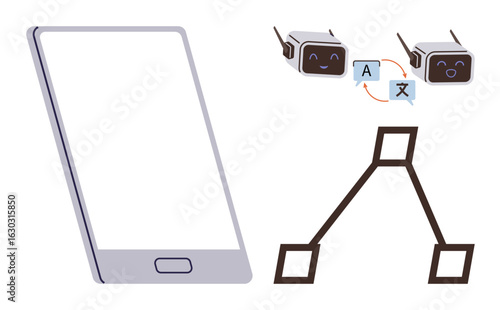 Smartphone alongside AI translating text between languages, and a branching decision tree diagram. Ideal for AI, machine learning, translation, data, communication, technology innovation. Simple