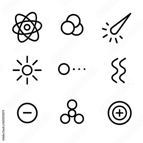 Space Particle Icons. Outline icon set of space elements and particles: hydrogen atom, helium nucleus, cosmic ray, photon,