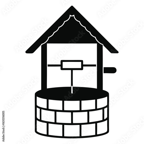 Vector art of black and white illustration of a traditional wishing well with a roof and crank mechanism