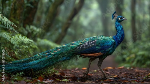 A wild peacock walking through the forest