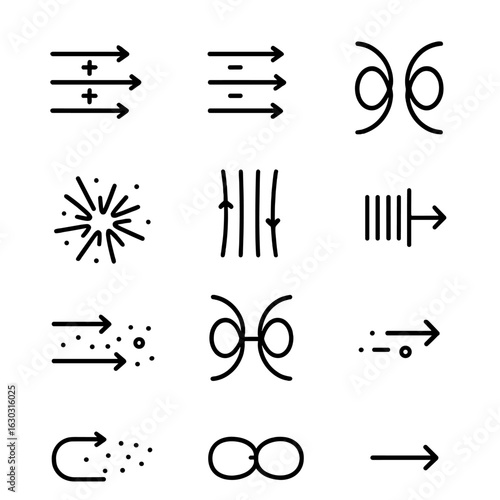 Space Plasma Icons. Outline icon set of space plasma dynamics: ion stream, electron flow, magnetic reconnection, plasma burst,