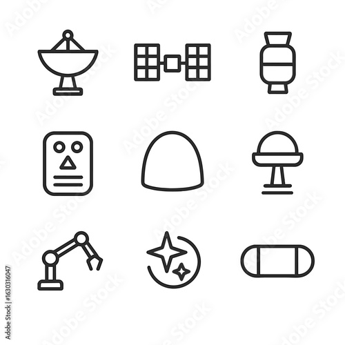 Space Probe Icon Set. Outline icon set of space probe components: antenna dish, solar panel, propulsion module, sensor array, heat