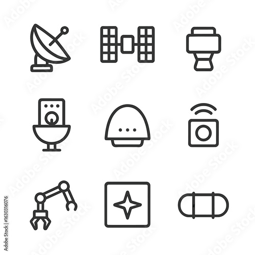 Space Probe Icon Set. Outline icon set of space probe components: antenna dish, solar panel, propulsion module, sensor array, heat