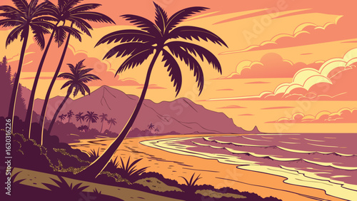 Illustration of a tropical beach with palm trees mountains and a sunset sky with orange and pink hues