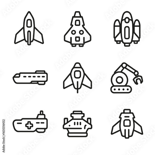 Spacecraft Icon Grid. scout ship, battle carrier, exploration vessel, passenger liner, stealth corvette, mining ship, medical