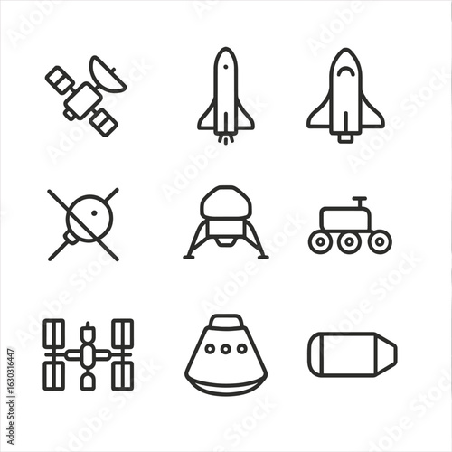 Spacecraft Icon Grid. Outline icon set of spacecraft: satellite, rocket, space shuttle, probe, lander, rover, space station, crew