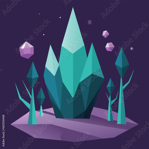 Vector art of abstract low poly landscape with glowing crystals and geometric trees