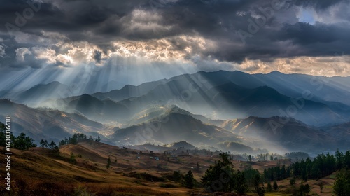 A peaceful landscape beneath a moody sky