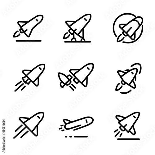 Spaceship Maneuver Icons. Outline icon set of spaceship maneuvers: takeoff, landing gear, orbit insertion, docking, undocking,