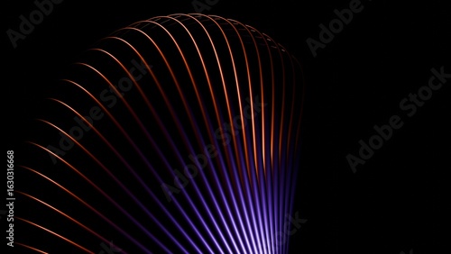 Curved Light Lines Forming Abstract Purple Orange Pattern On Black Background, Useful For Futuristic Backdrops