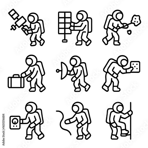 Spacewalk Activity Icons. Outline icon set of spacewalk activities: satellite repair, panel installation, debris removal,