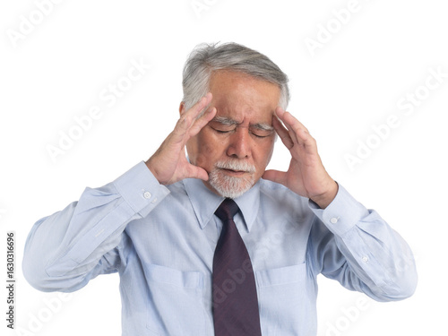 Asian senior businessman , old man headache hands on forehead , stressed from work isolated on a transparent background - medical and healthcare concept