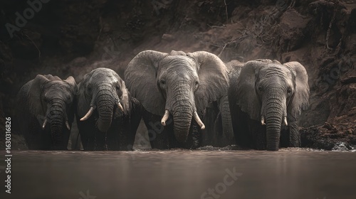 A family of elephants bathing in a muddy