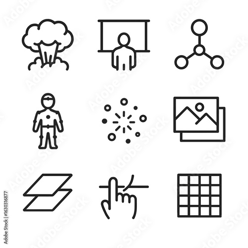 Special Effects Icons. Outline icon set of special effects: explosion outline, green screen, CGI node, motion capture suit,